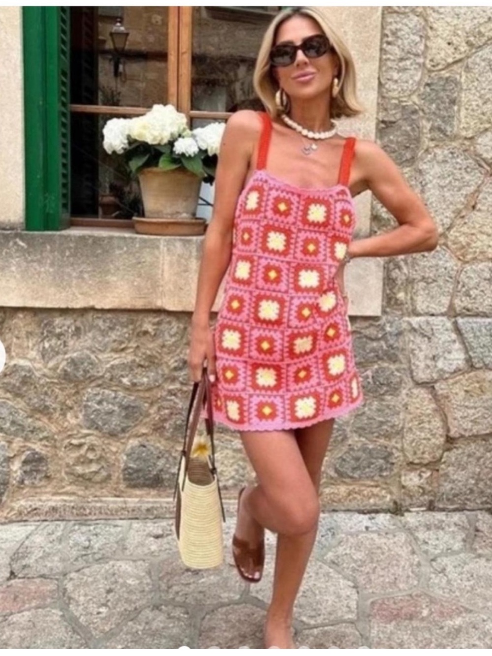 Zara Crochet Granny Square Mini Dress Pink Orange Yellow Size S 6099